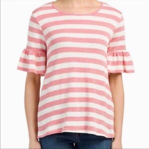 Pleione striped ruffle sleeve lightweight sweater top